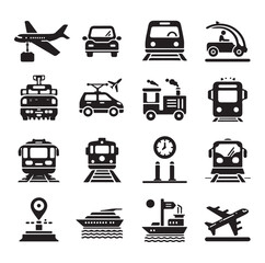 Air Auto Railway Transport Silhouette Icon Set. Stop Station Sign for Public Transport Glyph Pictogram. Car, Bus, Tram, Train, Metro, Plane, Ship Icon in Front vector graphics