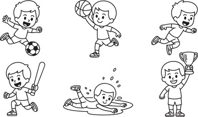 Excited Boy Kicking Soccer Ball Cartoon Illustration for Sporty Kids Activities and Games