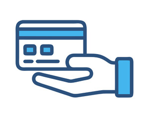 A line icon of a hand holding a credit card for payment, purchase, and online transaction.