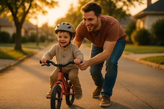 Father Teaching Son to Ride a Bike at Sunset