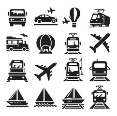 Air Auto Railway Transport Silhouette Icon Set. Stop Station Sign for Public Transport Glyph Pictogram. Car, Bus, Tram, Train, Metro, Plane, Ship Icon in Front vector graphics