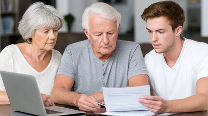 Young man and parents work together at home, reviewing paperwork and analyzing electricity pricing options on a laptop