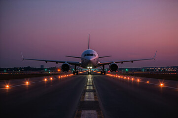Airplane on runway at dusk with colorful sky and runway lights