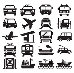 Air Auto Railway Transport Silhouette Icon Set. Stop Station Sign for Public Transport Glyph Pictogram. Car, Bus, Tram, Train, Metro, Plane, Ship Icon in Front vector graphics