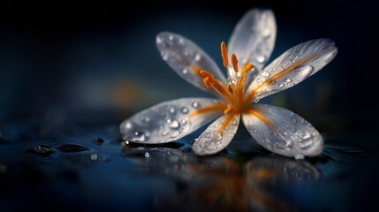 A close-up of a delicate flower with water droplets on its petals, placed on a dark background, with each droplet reflecting the surrounding light