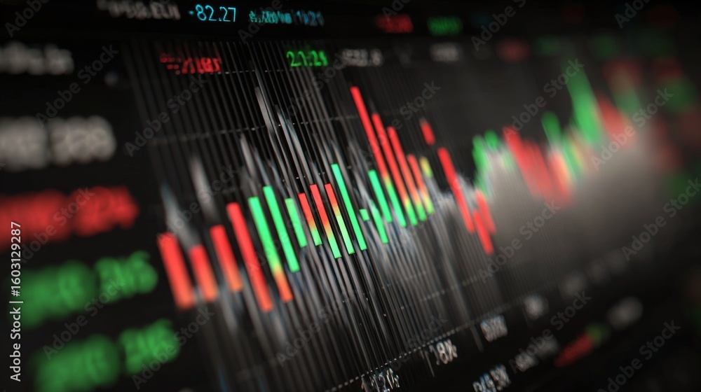 Poster a close-up of a financial bar graph displayed on a computer monitor, with fluctuating bars in red an