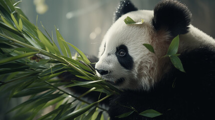 Fototapeta premium Panda eating bamboo cute animal wildlife nature conservation endangered species adorable bear portrait zoo