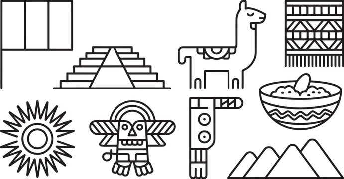 Iconic Peruvian Cultural Symbols Line Art Illustration Featuring Llama, Machu Picchu, and Textiles