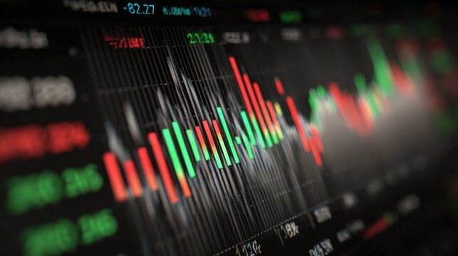 A close-up of a financial bar graph displayed on a computer monitor, with fluctuating bars in red and green indicating market shifts