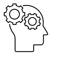 Head with gears line icon. Thinking process. Artificial intelligence. Human mind as cogwheels. Creative brain idea. Problem solving and innovation. Cognitive functions. Vector illustration. 