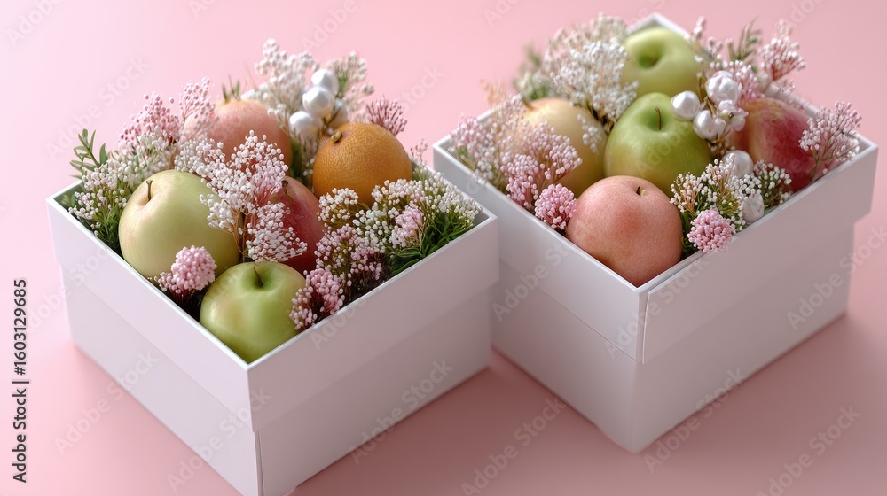 Poster two white cube-shaped boxes filled with colorful flowers and fruits create a serene minimalist compo
