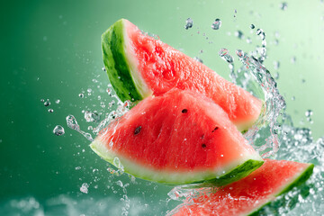 Chunks of ripe watermelon are splashing through water, creating a vivid and refreshing scene against a soft green background.