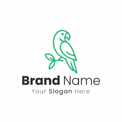 Fototapeta premium Minimalist Line Art Green Parrot Perched On A Branch With Leaves Brand Identity Logo Design