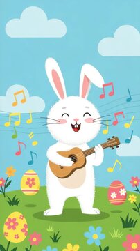 A joyful rabbit entertains with a ukulele in a vibrant garden filled with flowers and Easter eggs