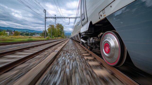 A close-up of a high-speed trains wheels in motion on the track, with the railway and surrounding landscape blurred due to the rapid movement
