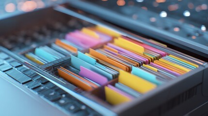 A vibrant, close-up view showcases an open drawer filled with colorful file folders, suggesting organization and a wealth of information awaiting discovery.