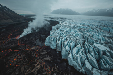 Dramatic contrast of volcanic steam meeting a vast icy glacier