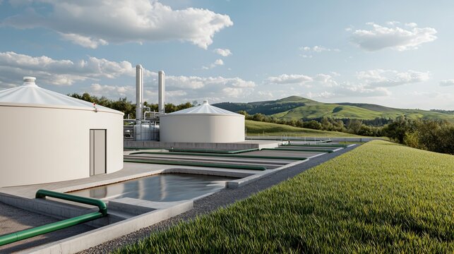 The clean, efficient architecture of a rural biogas plant, subtly integrated into the landscape, with visible conduits transporting methane gas to a power generation unit