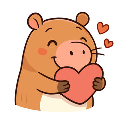 A happy cartoon capybara holds a heart with love emotion