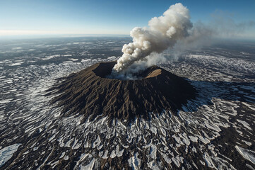 Active volcano erupting smoke and ash over a snow covered landscape