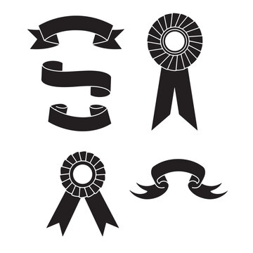 Black ribbons and award rosettes for vintage art and celebrations white