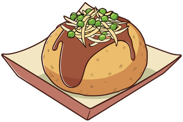 Takoyaki ball topped with rich sauce, bonito flakes, and fresh onions, capturing the essence of Japanese street snacks, modern flat illustration style