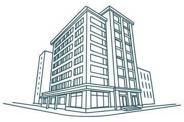 Fototapeta premium High-rise office or apartment building rendered in one-line sketch, emphasizing structure and city living in clean lines, modern flat illustration style