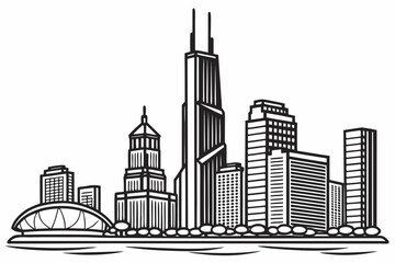Fototapeta premium Iconic Chicago skyline drawn in one line, featuring silhouettes of famous towers and buildings in minimalist black sketch, modern flat illustration style