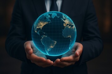 Professional businessman in a dark suit holding a glowing digital glass globe with cyan-blue light and golden data points, symbolizing global connectivity