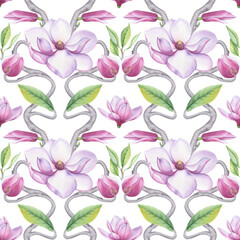 Watercolor pattern with magnolia flowers and vintage style on a white background. It is suitable for fabric decoration, wallpaper and packaging.
