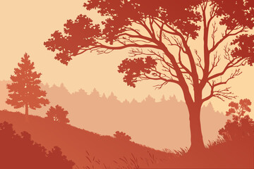 Red-orange abstract blurred background with soft tones of autumn foliage, evoking warmth and seasonal transition, modern flat illustration style