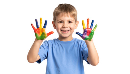 Child&rsquo;s painting activity with smudged hands and bright paints isolated on transparent background.