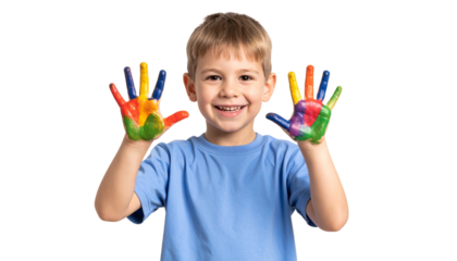 Child’s painting activity with smudged hands and bright paints isolated on transparent background.