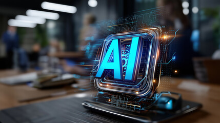 A futuristic digital display shows the word "AI" with an AI icon, surrounded by glowing data streams and circuit patterns. In the background, blurred-out business people work on laptops. The scene con