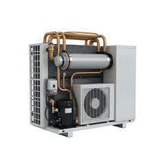 Obraz premium The internal structure of a modern air conditioning unit, revealing the compressor, fan, and copper piping system isolated on white.