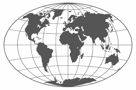 Simplified world map with latitude and longitude grid using Aitoff projection in monochrome vector style, modern flat illustration style