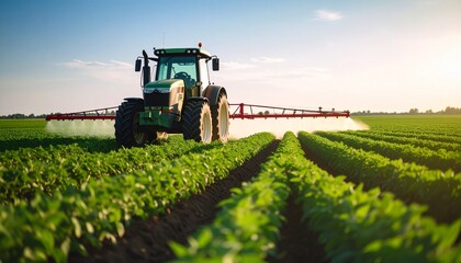 Tractor spraying crops on a sunny farm field Agriculture and technology in farming