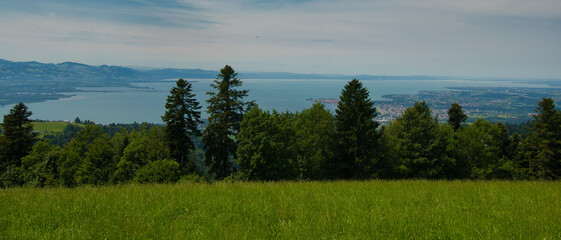 Landschaft bei Eichberg und Möggers in Österreich mit Blick auf den Bodensee