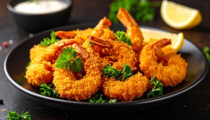 Fototapeta premium Crispy fried shrimp served on a black plate with lemon and dipping sauce