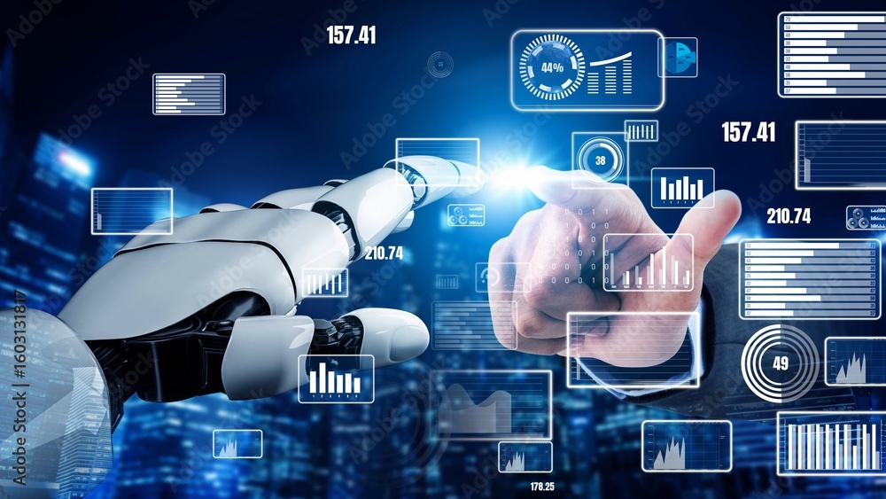 Poster a striking image featuring a robotic hand reaching out to a human hand, symbolizing the blend of tec
