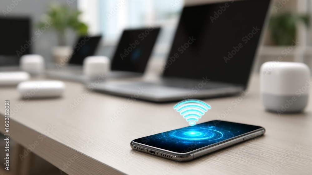 Poster a close-up of a smartphone with visible wireless signals emanating from it, placed on a modern desk 