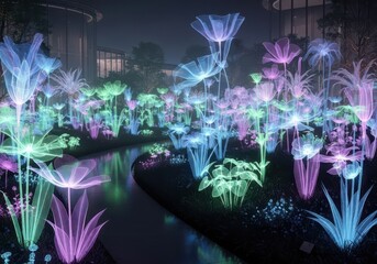 Glowing wireframe flower garden at night