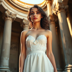 A bride in a wedding dress against the backdrop of architecture