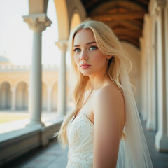 Portrait of a young blonde girl in a white dress
