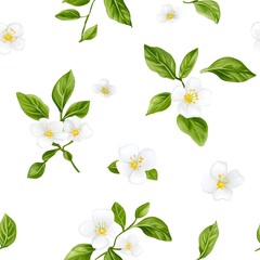 Delicate white flowers and leaves in a repeating pattern.