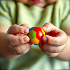 A small child holds a colorful ball in her hands
