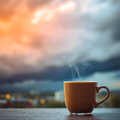 A mug with a hot drink against a cloudy sky