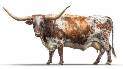 Majestic texas longhorn cow standing proudly displaying brown and white speckled coat on white background