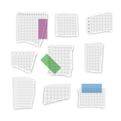 Torn paper, rip paper pieces and notebook page  with ripped corners, vector note sheets