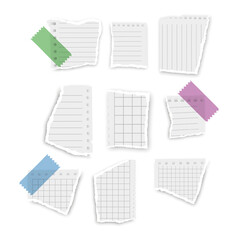 Torn paper, rip paper pieces and notebook page  with ripped corners, vector note sheets